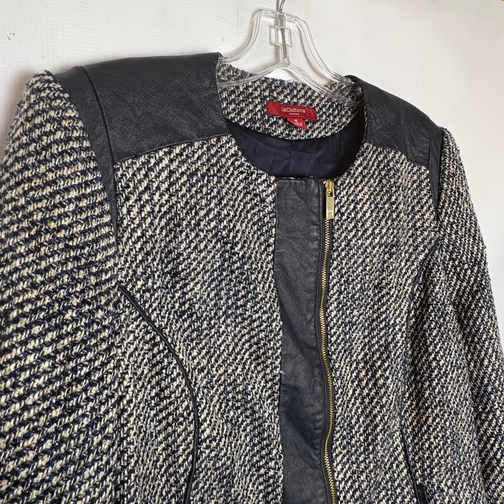 Liz Claiborne New York Tweed Moto Jacket Leather Trim Navy Blue Size 10 Career - Picture 2 of 10